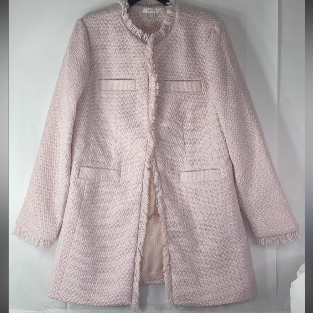 Pink Frayed Edge Fringe Women's Tweed Long Boucle Blazer barbie - Picture 2 of 11